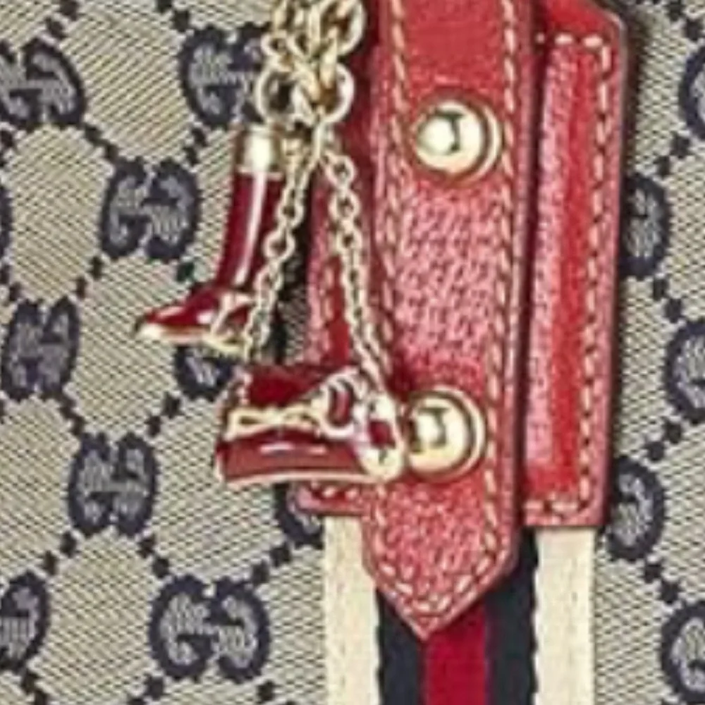 GUCCI Jolicoeur Navy/Red Striped Canvas w/Leather Golden Hardware & Charms, EUC